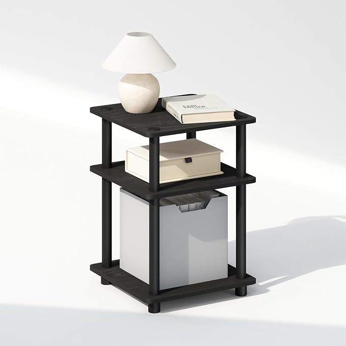 Furinno Turn-N-Tube Night Stand, 3-Tier Nightstand with Open Shelf, Bedside Table, End Table, Side Table, for Bedroom, Closet, Dorm, Black