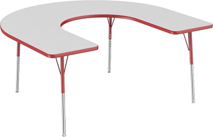 FDP Horseshoe Activity School and Office Table (60 x 66 inch), Standard Legs with Swivel Glides for Collaborative Seating Environments, Adjustable Height 19-30 inches - Gray Top and Red Edge
