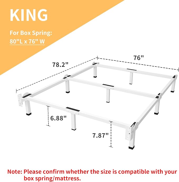 Superay Metal Bed Frame, 9-Leg Bed Base 8 inches Support for Box Spring and Mattress Set, King, Easy Assembly, White