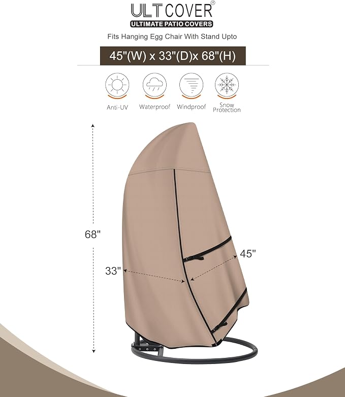ULTCOVER Patio Hanging Egg Chair Cover - Waterproof Outdoor Single Seat Swing Egg Chair with Stand Cover 45W x 33D x 68H inches