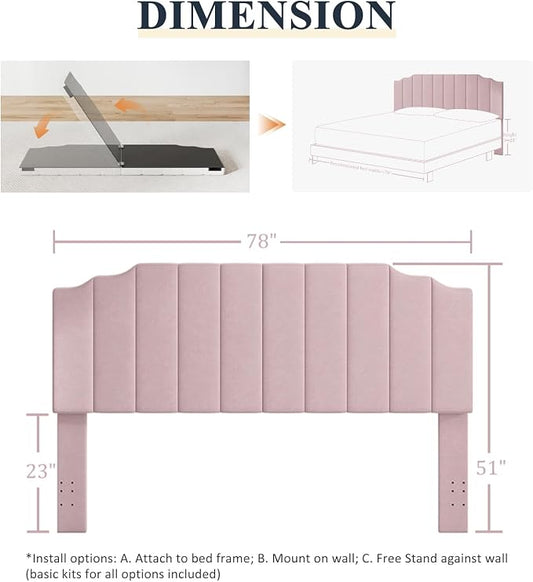 Befurtori King Size Headboard Only, Velvet Wall Mounted Headboard King for Adjustable Bed Modern Upholstered Head Board Easy Assembly, Pink