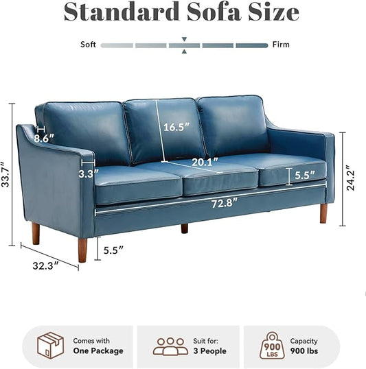Kingfun 80" Faux Leather Sofa, 3 Seater Couch, Mid Century Modern Couches with Solid Wood Legs for Living Room Bedroom