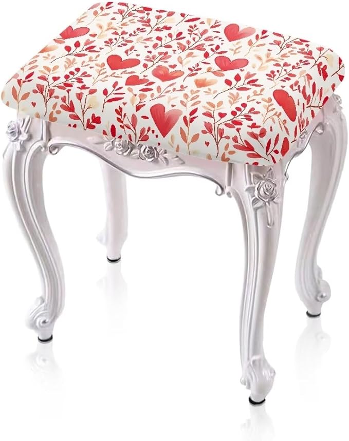 Valentines Day Bar Stool Covers Rectangle Hearts Leaves Bar Stool Seat Covers Rectangle 2 Pack Stretch Washable Vanity Chair Cover for Holiday Party Decor with Elastic Bands