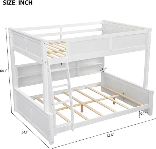 RUNNA Full XL Over Queen Bunk Bed with Storage Cabinets,USB,Antique White | Full XL on top for teens, queen below for adults. Solid pine frame, full guardrails & built-in charging—every bed, every age.
