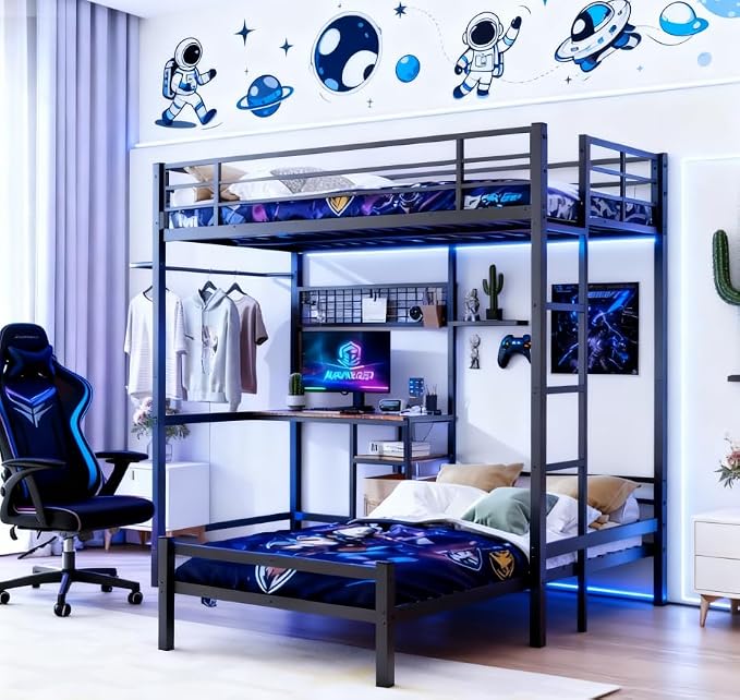 Bellemave Twin Over Twin bunk beds with Desk, loft Bed with Desk and Shelves Drawer, Twin Metal Bunk Beds with Storage, Black