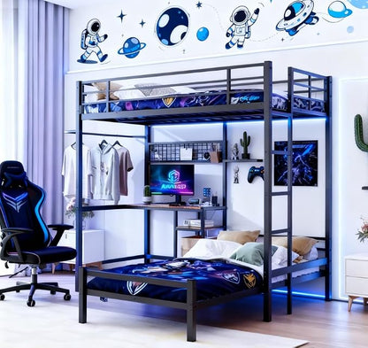 Bellemave Twin Over Twin bunk beds with Desk, loft Bed with Desk and Shelves Drawer, Twin Metal Bunk Beds with Storage, Black