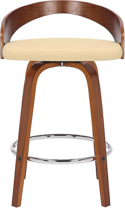 Armen Living Sonia 26" Counter Height Swivel Cream Faux Leather and Walnut Wood Bar Stool