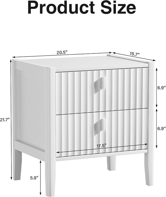 Furniway Nightstand Set of 2, Modern End Table with Solid Wood Legs, Bedside Table with 2 Drawers and Metal Handles for Bedroom, White