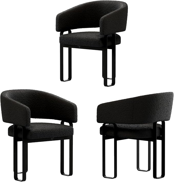 Modern Barrel Dining Chair Set of 3, Black Boucle Kitchen Chair with U-Shaped Stainless Steel Legs, Armchair with Open Back for Living Room Bedroom Makeup Room
