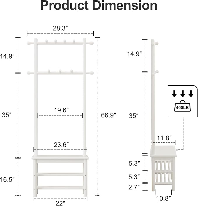 AQIMUELE Coat Rack with Shoe Storage, Narrow Wooden Hall Tree with Bench, 11 Hooks and 2-Tier Storage Shelves, 3-in-1, Entryway Bench with Coat Rack (23.6"-Deep White)