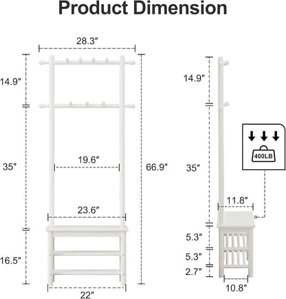 AQIMUELE Coat Rack with Shoe Storage, Narrow Wooden Hall Tree with Bench, 11 Hooks and 2-Tier Storage Shelves, 3-in-1, Entryway Bench with Coat Rack (23.6"-Deep White)