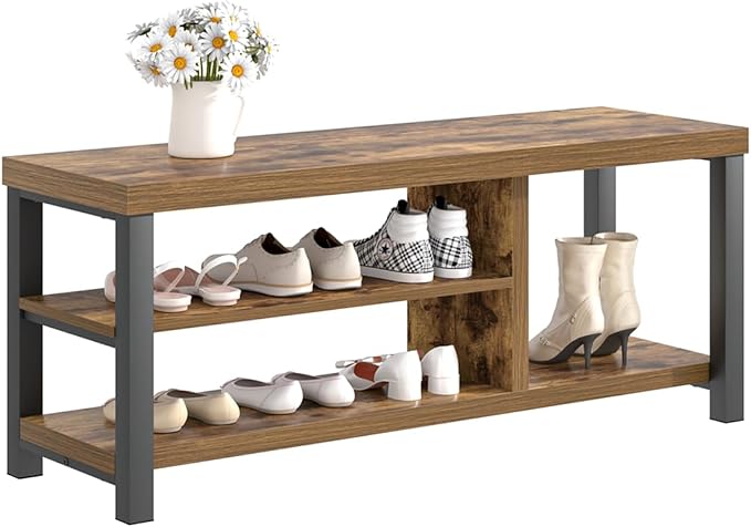 EXCEFUR Shoe Bench, Modern Wood Storage Bench for Entryway Hallway, Industrial Indoor Shoe Rack Bench Seat for Living Room Bedroom, 43.3 Inch Rustic Brown