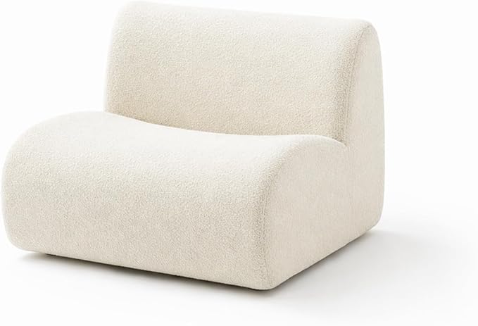 34" Curved Single Sofa Chair, Foam Boneless Sherpa Couch with Deep Seat, Comfy Teddy Sofas for Living Room, Bedroom, Apartment, Modern Sectional Modular Couches – No Assembly, White