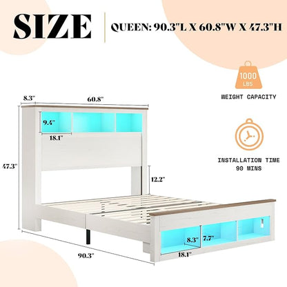 AMERLIFE 3-piece Farmhouse Bedroom Furniture Set, Includes 1 Queen LED Platform Bed Frame with Bookcase Storage Headboard & Charging Station, and 2 Nightstands with Drawers, Distressed White