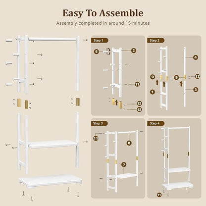 Solid Wood Clothes Rack with 2 Shelves & 4 Hooks for Hanging Clothes Garment Wallets Hats, White Clothing Rack Heavy Duty Coat Rack Freestanding with Storage Hall Tree for Hallway Bedroom Living Room