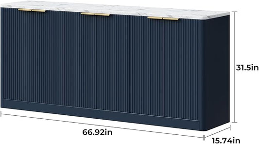 Evermagin 67" Fluted Blue Buffet Cabinet Sideboard with Storage, Large Credenza with 6 Doors, Wood Mid Century Modern Sideboard for Kitchen and Living Room (67"*31.5"*15.7")