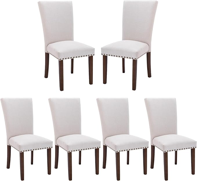 COLAMY Upholstered Fabric Dining Chairs Set of 6, High Back Padded Chairs with Nailed Trim & Solid Wood Legs, Classic Parsons Chairs Side Chair for Home/Kitchen/Living Room-Beige