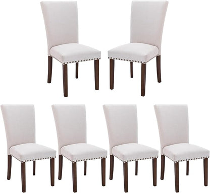 COLAMY Upholstered Fabric Dining Chairs Set of 6, High Back Padded Chairs with Nailed Trim & Solid Wood Legs, Classic Parsons Chairs Side Chair for Home/Kitchen/Living Room-Beige