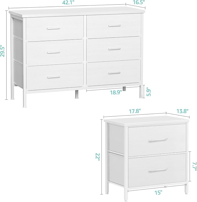 Bedroom Sets Nightstand Set 3 Piece White with 6 Fabric Drawers Modern