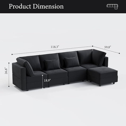 Vesgantti Sectional Couches with Storage Seats, 118" L Shaped Convertible Modular Sectional Sofa, 4 Seat & 1 Ottoman Velvet Storage Chaises Deep Seat Couch for Living Room, Bedroom, Apartment, Black