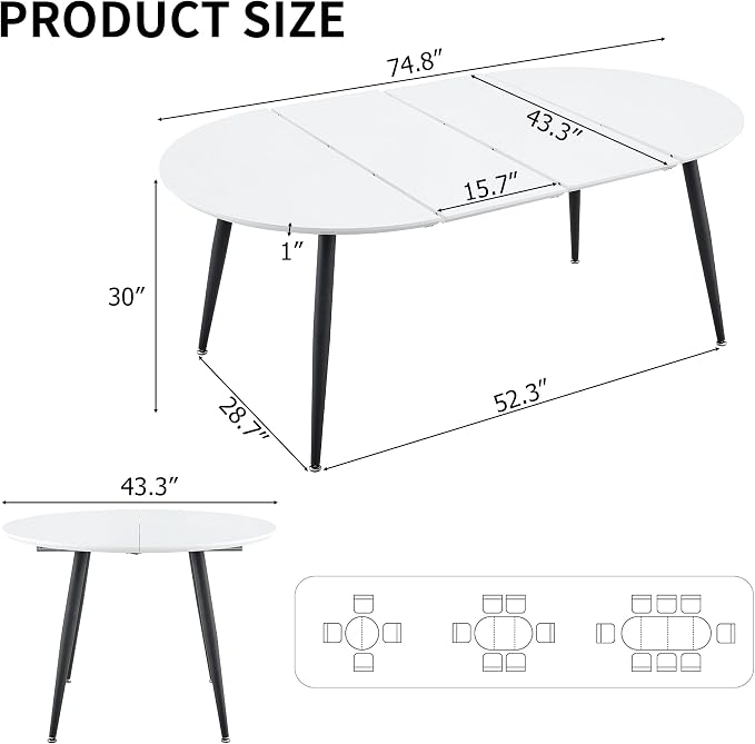 Extendable Round Dining Table for 4 6, Solid Wood for Dining Room Kitchen Office, 43"- 74" Modern Oval Kitchen Table, Removable Leaves Space Saving Expandable Dinner Table White