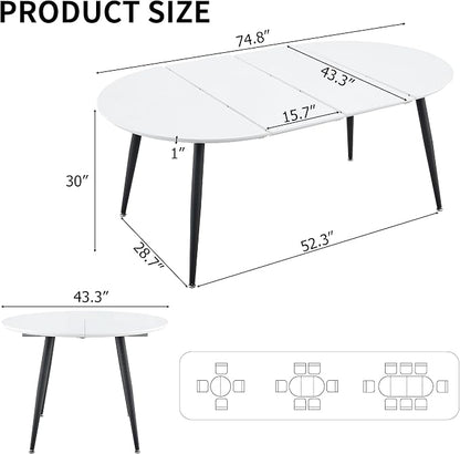 Extendable Round Dining Table for 4 6, Solid Wood for Dining Room Kitchen Office, 43"- 74" Modern Oval Kitchen Table, Removable Leaves Space Saving Expandable Dinner Table White