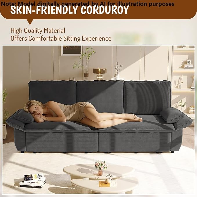 94.5" Pull Out Couch King Size, Futon Sofa Bed, 3-in-1 Convertible Sleeper Sofa Bed with Cushion Armrest, Modern Corduroy Loveseat Couches for Living Room, Small Space, Apartment, Dark Grey