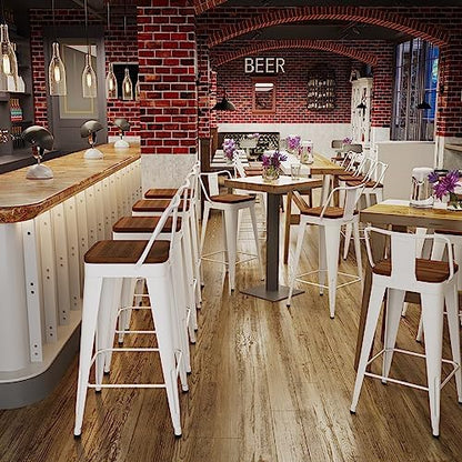 Bar Stools Set of 4 Metal Bar Stool Counter Height Bar Stools White, Modern Bar Chairs with Back and Wooden Seat 30" Bar Stool Counter Height
