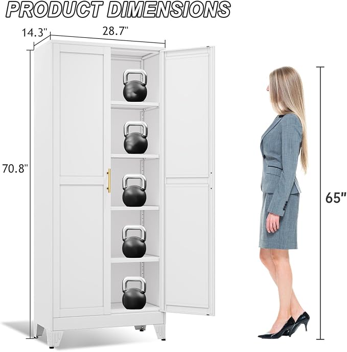 winiowa Metal Pantry Cabinet with 2 Doors and Adjustable Shelves - 71" Kitchen Storage Cabinet with Gold Handles - Versatile Storage for Kitchen, Bathroom, Dining Room, Utility Room - White