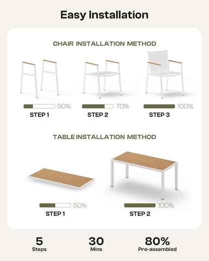 Outdoor Dining Table, Aluminum Patio Table Set, All Weather Patio Dining Furniture Set with Umbrella Hole for Backyard, Deck, Poolside (White-Teak)