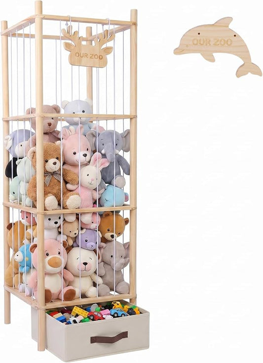 Stuffed Animal Storage Tower, 4-Tier Wooden Stuffed Animal Organizer Holder, Plushies Storage with Two Wooden Cute Zoo Signs for Nursery Playroom Bedroom