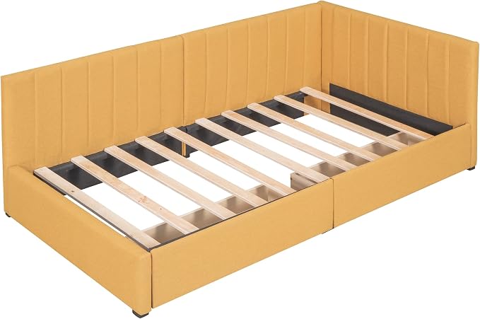 Merax Upholstered Daybed with 2 Storage Drawers, Twin Size Sofa Bed Frame, No Box Spring Needed, Linen Fabric, Yellow