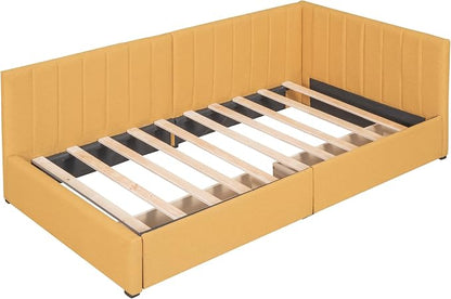 Merax Upholstered Daybed with 2 Storage Drawers, Twin Size Sofa Bed Frame, No Box Spring Needed, Linen Fabric, Yellow