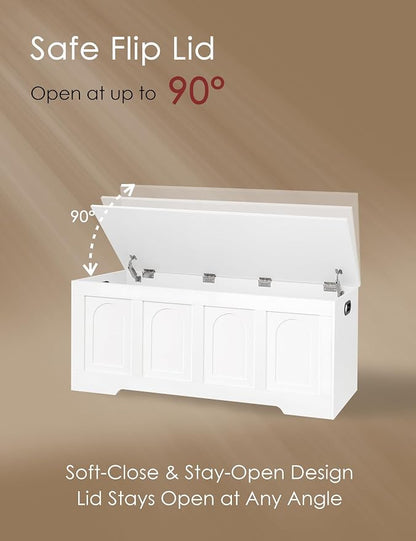 DINZI LVJ Storage Chest, 47.2" Rattan-Like Toy Box with 2 Safety Hinges, Wooden Entryway Storage Bench with Flip-Top, Large Trunk for Living Room, Bedroom, Easy Assembly, White
