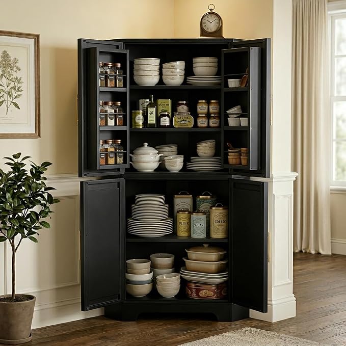 Corner Cabinet, Metal Storage,Kitchen Pantry Cabinet with Adjustable Shelves & Spice Rack, Tall Freestanding Corner Pantry with Shaker Doors & Gold Handles for Kitchen, Bathroom, Living Room (Black)