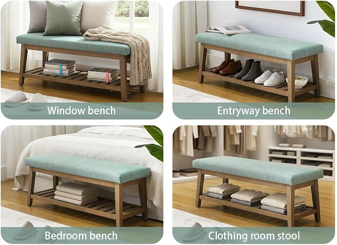 Zihanhome Entryway Shoe Bench with Cushion, End of Bed Bench,Upholstered Bench for Kitchen, Bench with Solid Wood Shelf, Fabric Ottoman Bench for Hallway, Living Room (Teal)
