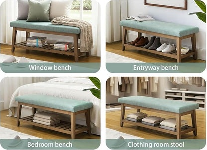 Zihanhome Entryway Shoe Bench with Cushion, End of Bed Bench,Upholstered Bench for Kitchen, Bench with Solid Wood Shelf, Fabric Ottoman Bench for Hallway, Living Room (Teal)