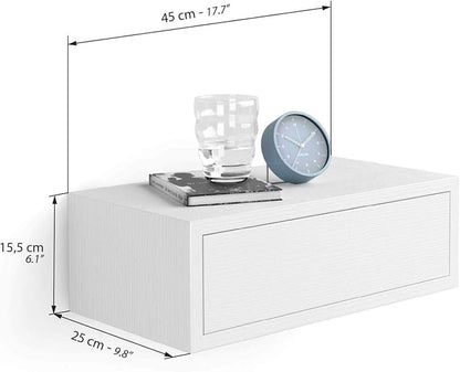 Mobili Fiver, Riccardo Floating nightstand, Ashwood White, 17.7" x 9.8" x 6.1 ", Melamine-Finished, Modern Bedside Table, End Table, Italian Furniture