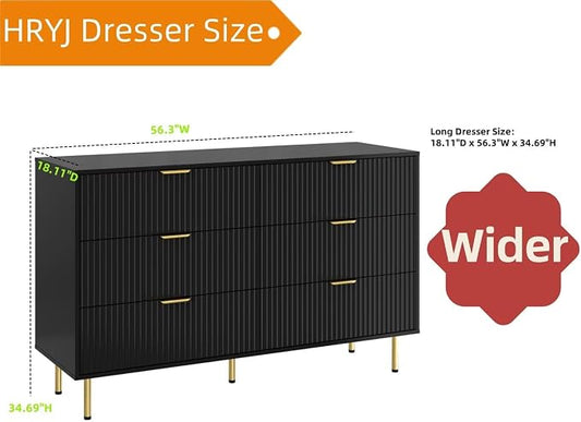Fluted Black 6 Drawers Dresser for Bedroom, 56 inch Wide Chest of Drawer Dressers with Gold Handle, Modern Wooden Closet Clothes Storage Organizer Cabinet Table Dresser for Living Room