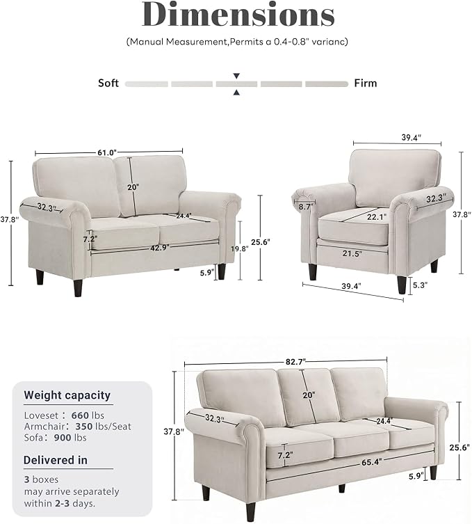 Kingfun Loveseat 2&3 Seater Couch with Chair, Mid Century Modern Chenille Sofa Set with Rolled Arms and Deep Seats, Fluffy Comfort for Living Room, Apartment, Easy Assembly, Beige