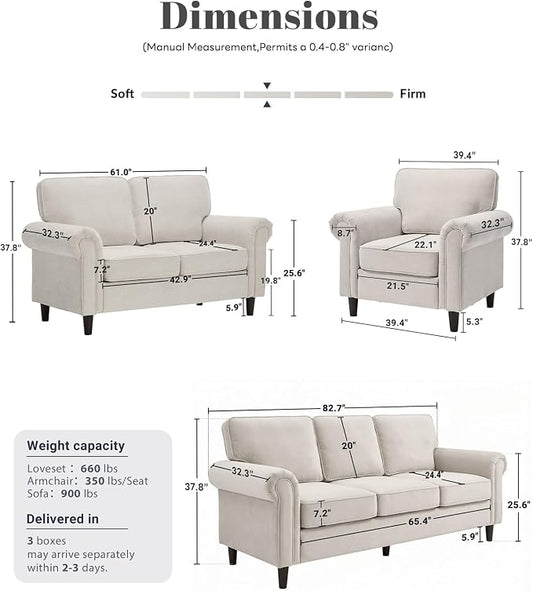 Kingfun Loveseat 2&3 Seater Couch with Chair, Mid Century Modern Chenille Sofa Set with Rolled Arms and Deep Seats, Fluffy Comfort for Living Room, Apartment, Easy Assembly, Beige