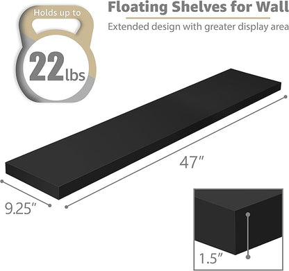 Sorbus Floating Shelves for Wall - 48 Inch Long Bathroom Shelves, Wall Decor for Bedroom, Kitchen, Living Room & Book Storage - Mounted Floating Shelf with Invisible Brackets (Black, 3 Pack)