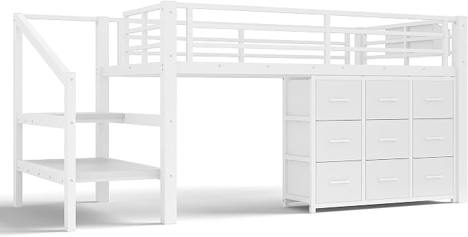 Bellemave Twin Size Low Loft Bed with 9 Fabric Storage Drawers for Kids,Metal Loft Bed Frame with Stairs and LED Lights for Boys Girls,Kids Loft Bed Twin Size,White