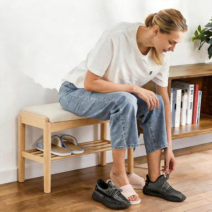 Solid Wood Shoe Bench Assembled, Shoe Rack Bench with Cushion for Entryway, Living Room, Bedroom, Hallway, 11.8" x 23.6" x 16.5", Natural