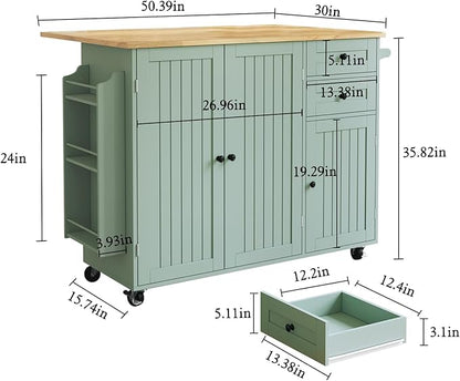 HLR Kitchen Island with Storage, Sage Green Rolling Kitchen Cart on Wheels with Drop-Leaf Bar Countertop, Islands Prep Table with Side Open Spice Rack and Tower Rack, Extra Storage for Kitchen