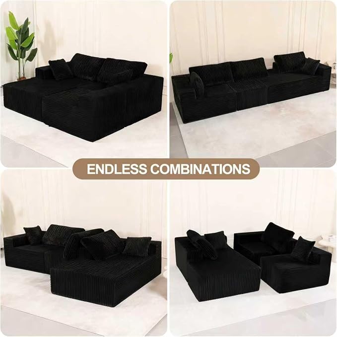 L Shaped Modular Boneless Sectional Couches for Living Room, Wide Armrest, Deep Seat, Memory Foam, Assembly Free, Modern Comfy Corduroy Fluffy Cloud Sofa with Left Chaise, Black