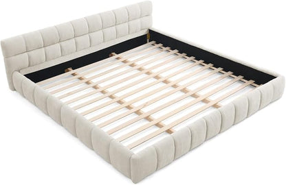 KEIKI King Thick Chenille Platform Bed Frame with Upholstered Tufted Headboard, Modern Solid Wood Floor Platform for Bedroom, No Box Spring Needed