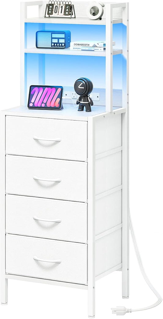 Fixwal 47 Inch Tall Nightstand with Charging Station, Led Night Stand with Socket, 4 PU Finished Fabric Storage Drawers, Office, Bedside Table & Bookshelf in One, White