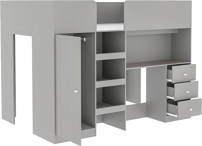 Ball & Cast Twin Size House Shape Loft Bed with Ladder & Safety Guardrail,Wooden Platform Bedframe W/Wardrobe & Under-Bed Play Space,Space-Saving,No Box Spring Needed,for Boy Girl Teens Bedroom,Grey