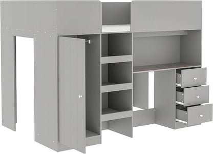 Ball & Cast Twin Size House Shape Loft Bed with Ladder & Safety Guardrail,Wooden Platform Bedframe W/Wardrobe & Under-Bed Play Space,Space-Saving,No Box Spring Needed,for Boy Girl Teens Bedroom,Grey